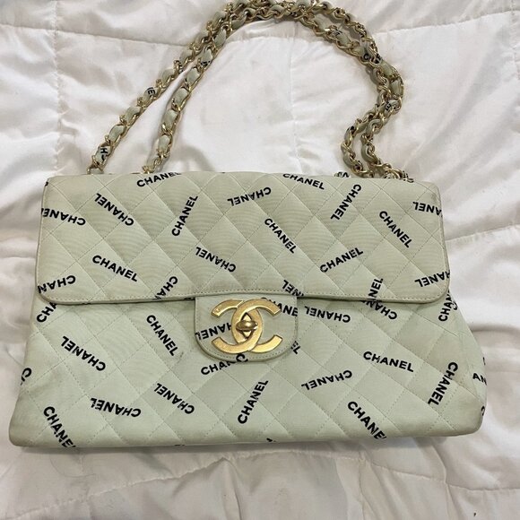 Vintage Chanel Light Mint Green Maxi Jumbo Logo Pattern Quilted Cotton Shoulder - Picture 1 of 15
